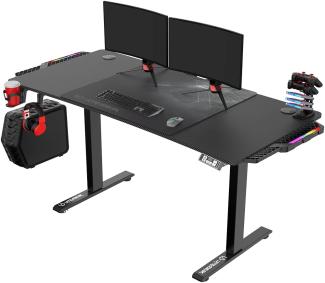 ULTRADESK Level RGB LED | Gaming-Schreibtisch mit elektrischer Höhenverstellung | Interner Speicher für 2 Einstellungen | Steckdosenleiste, XXL-Mauspad | Stahlgestell, Schwarzes Pad, 140x66 cm