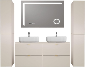 Lomadox Badmöbel-Set DURANGO-56, (Spar-Set, 4-St, LED-Spiegel Doppelwaschtisch Hochschränke), 120cm Waschtisch, kaschmir, verschiedene Grifffarben, LED-Spiegel
