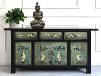 OPIUM OUTLET Kommode Sideboard Schrank Anrichte Buffet chinesisch asiatisch orientalisch Vintage Shabby grün-schwarz