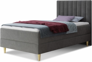 Boxspringbett Gold Mini mit Bettkasten, Bonell-Matratze und Topper - Einzelbett mit Matratzentopper, Polsterbett, Bett, Schlafzimmer, Jugendzimmer, Velours Stoff (Grau (Manila 16), 80x200 cm)