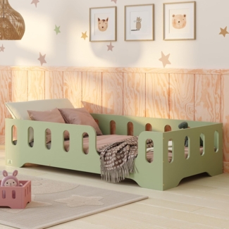 smartwood Kinderbett Bodenbett 140x200 mit Rausfallschutz & Lattenrost - Grün - Kinder Montessori Bett TILA 2P mit glatten Kanten - Betten für schnelle Montage - Bis 300 kg belastbar