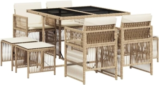 vidaXL 9-tlg. Garten-Essgruppe mit Kissen Beige Poly Rattan 3210958