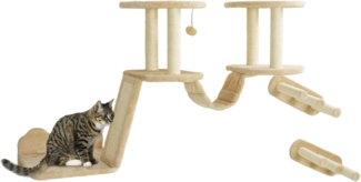 PawHut Katzen-Kletterwand 3-teilig Katzenmöbel mit Kratzbaum, Sitzstangen, Leiter, Stufen, für Katzen bis 5 kg, Sisal, Beige