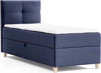 Boxspringbett Candy Mini mit Bettkasten und Topper - Einzelbett mit Bonell-Matratze und Topper, Bett mit Holzfüße, Jugendbett, Kinderbett (Blau (Soro 76), 100 x 200 cm)