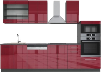 Vicco Küchenzeile Fame-Line Bordeaux HG/Anthrazit 300cm mit Hochschrank ohne AP