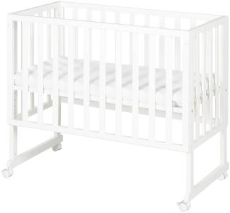 Roba Stuben- und Beistellbett safe asleep 3 in 1 - 45x90 cm - Höhenverstellbar - Komplettes Anstellbett mit Matratze + Canvas Barriere - Bett Set für Babys - Holz weiß