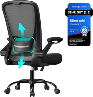Songmics Bürostuhl mit hochklappbaren Armlehnen und Netzbespannung, ergonomisch, 360° Drehstuhl, verstellbare Lendenstütze, platzsparend, schwarz