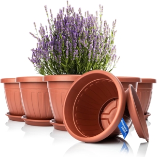 BigDean 6x Blumentopf mit Untersetzer rund ø40xH31 cm terracotta - wetterfester Pflanzkübel - Wasserablauf UV-beständig aus bruchsicherem Kunststoff - Innen + Außen geeignet - Made in Europe