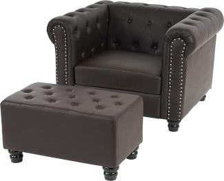 Luxus Sessel Loungesessel Relaxsessel Chesterfield Kunstleder ~ runde Füße, braun mit Ottomane