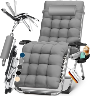 KESSER® Sonnenliege Liegestuhl Klappbar Mit Getränkehalter Gartenstuhl Mit Auflage Polster, Liegestuhl, Extra groß Gartenliege, Verstellbar Rückenlehne Garten Liege mit Kissen-Unterstützung Grau