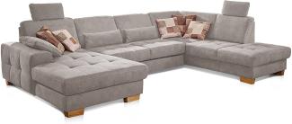 CAVADORE Wohnlandschaft Puccino mit Federkern, Sitztiefenverstellung und 2 Kopfstützen / Sofa in U-Form im Landhausstil / 340 x 86 x 224 cm / Mikrofaser Hellgrau