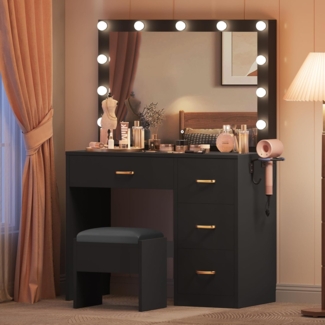 YITAHOME Schminktisch mit Spiegel, Kosmetiktisch mit 4 Schubladen, Frisiertisch mit Hocker, Beleuchtung, Steckdose, Schwarz (Make Up Tisch, Frisiertisch, Kosmetiktisch, Vanity Table)