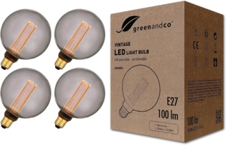 greenandco 4x Vintage Design LED Birne zur Stimmungsbeleuchtung | E27 G125 | smoke | 4W 100lm | 1800K extra warmweiß | 320° | 230V | flimmerfrei | nicht dimmbar | Edison Glühbirne