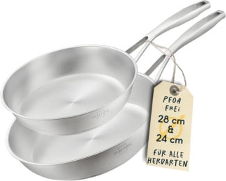 SILBERTHAL Bratpfanne 2er Set, Edelstahlpfanne Unbeschichtet Induktion, Edelstahl (2-tlg), für Röstaromen, spülmaschinenfest, backofenfest bis 400°C