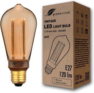 greenandco LED Vintage Glühbirne zur Stimmungsbeleuchtung | dimmbar | E27 ST64 | gold | 3,5W 120lm | 1800K extra warmweiß | 320° | 230V | flimmerfrei | Edison Glühbirne