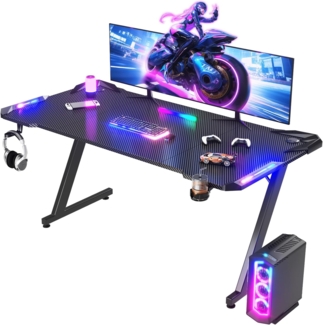 JUMMICO Gaming Tisch mit LED-Beleuchtung, RGB Gaming Tisch, Stabiler Computertisch für Homeoffice und Gamer,Gaming Schreibtisch mit Kopfhörerhalterung und Getränkehalter, 160x60 cm, Schwarz