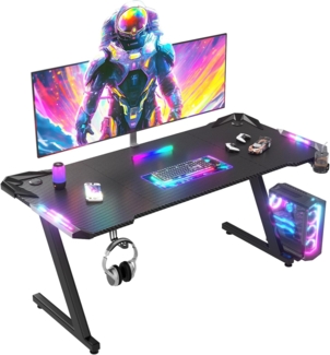 JUMMICO Gaming Tisch mit LED-Beleuchtung, RGB Gaming Tisch, Stabiler Computertisch für Homeoffice und Gamer,Gaming Schreibtisch mit Kopfhörerhalterung und Getränkehalter, 160x60 cm, Schwarz