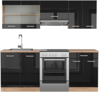 Küchenzeile R-Line Schwarz Hochglanz/Goldkraft Eiche 200 cm ohne Arbeitsplatte Vicco