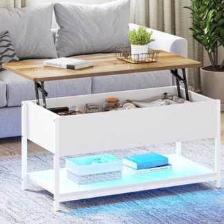 YITAHOME Couchtisch mit Höhenverstellbarer Platte Kaffeetisch Ausziehbarer, Versteckter Stauraum, Wohnzimmertisch Beistelltisch für Wohnzimmer, Büro, mit Steckdosenleiste und LED-Lichtleiste