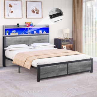 YITAHOME Bettgestell LED mit Kopfteil USB-Anschlüsse und Ladeausgänge Metallplattform-Bettgestell mit 2 Regalböden,Keine Matratze erforderlich