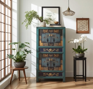Chinesischer Vintage Schrank Blau Beige Braun Kommode Sideboard Kolonial-Stil Antik-Stil Lowboard asiatisch orientalisch Fernost shabby-chic Landhaus