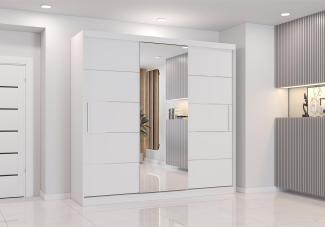 Schiebetürenschrank, eleganter Kleiderschrank Schrank Garderobe Astra mit Spiegel, Schlafzimmer- Wohnzimmerschrank Schiebetüren Modern Design (Weiß/Weiß)