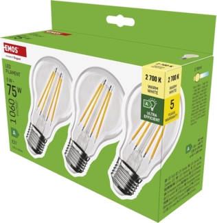 EMOS - LED-Lampe Filament A60 - A Klasse Vintage-Glühbirne - E27 Sockel - warmweiß - 1060 lm - extra-sparsam, 5W (statt 75W Birne) - 50000 Stunden - Winkel 300° - CRI min. 80-3er Pack