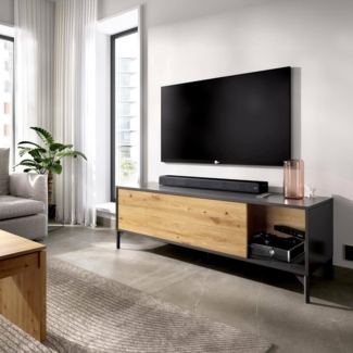Dmora - TV-Ständer Olimpo, niedriges Sideboard für Wohnzimmer, Sideboard für Wohnzimmer für Fernseher, 132 x 39 x 44 cm, Eiche Nodes und Anthrazit
