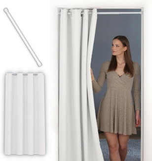 tinycurtains Türvorhang mit Stange weiß 70-120 cm Thermo Vorhang ohne Bohren, blickdicht, Ösen, verdunkelnd, Polyester, weiß Purity, Türgardine mit Klemmstange Raumtrenner Vorhang Tür