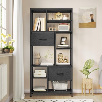 YITAHOME Bücherregal mit Schubladen, 7-stöckiges Standregal mit Stahlrahmen, Bodenstehendes Lagerregal, Industrieregal Aufbewahrungsregal, für Wohnzimmer, Büro, Flur, Küche, Schwarz Regal