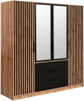 Vente-unique - Kleiderschrank mit 4 Türen & 3 Schubladen - Mit Spiegel - 196 cm - Holzfarben & Schwarz - LIRMADA