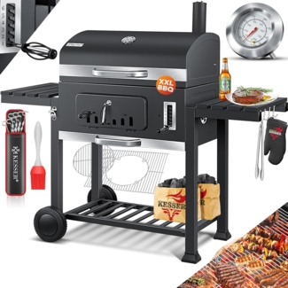 KESSER® Grill Grillwagen XXL Holzkohlegrill mit Deckel, Rädern, Edelstahl-Griff, Grillrost und Thermometer Holzkohle kohlegrill Wagen groß Kohle BBQ Barbeque Camping, Terrasse, Garten Grau, XXL, ohne Set