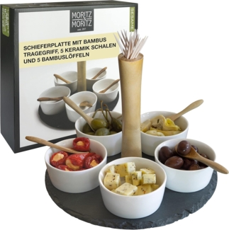 Moritz & Moritz Servierplatte Weiße Dipschalen Set mit Schieferplatte - Sesame, Keramik, (Set, 11-tlg, 11- teiliges Set), Hochwertiges Keramik