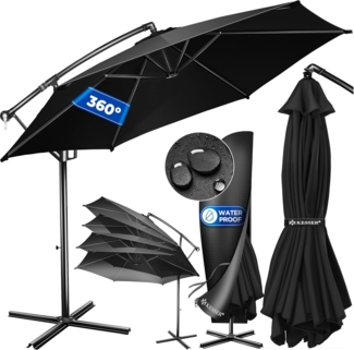 KESSER® Alu Ampelschirm Sonnenschirm + Abdeckung Ø300 cm / Ø350 cm mit Kurbelvorrichtung Kurbelschirm mit Ständer UV-Schutz Aluminium Wasserabweisende Bespannung - Schirm Gartenschirm Marktschirm Schwarz, 350cm