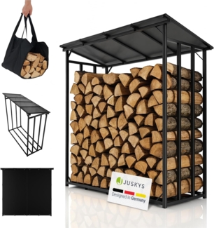Juskys Kaminholzregal mit Dach - 185 cm, Metallregal für Brennholz, wetterfest, UV-beständige Plane, erhöhte Bodenfreiheit, Outdoor