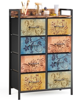 Mondeer Kommode mit 8 Schubladen, Schubladenschrank aus Vintage-Blumenmotiv Stoff Metallrahmen Rustikales, für Wohnzimmer Schlafzimmer Flur, 66.5 x 30 x 105.5 cm, Vintagebraun