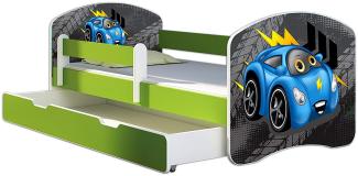 ACMA Kinderbett Jugendbett mit Einer Schublade und Matratze Grün mit Rausfallschutz Lattenrost II 140x70 160x80 180x80 (04 Blaue Auto, 180x80 + Bettkasten)