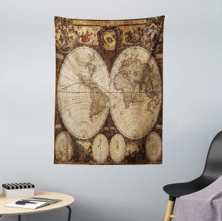 ABAKUHAUS Weltkarte Wandteppich und Tagesdecke, Historic Old Atlas, aus Weiches Mikrofaser Stoff Wand Dekoration Für Schlafzimmer, 110x150 cm, Multicolor