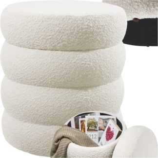 tectake® Hocker mit Stauraum, Scandi Sitzhocker Bouclé Teddy Stoff, Pouf, Polsterhocker rund für Schminktisch, Schlafzimmer, Wohnzimmer Möbel, als Flur Möbel, Stauhocker Wohnen - Bouclé Creme-weiß