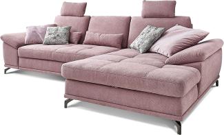 Cavadore Schlafsofa Castiel mit Federkern / Großes Sofa in L-Form mit Bettfunktion, Sitztiefenverstellung, Kopfstützen und XL-Longchair / 312 x 114 x 173 / Webstoff, Flieder-Rosa