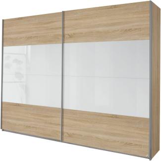 Rauch Schwebetürenschrank 2-türig Eiche Sonoma, Glaspaneele Weiß, BxHxT 226 x 210 x 62 cm