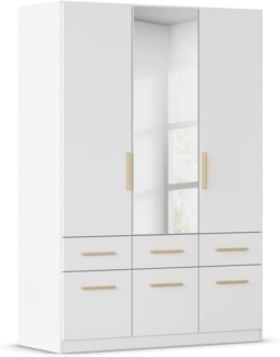 Rauch Möbel Dundee, Kleiderschrank, Schrank, Garderobe, Organizer, 3-türig, mit Spiegel, 6 Schubladen für mehr Stauraum, Farbe Weiß, Holzgriff Eiche Massiv, 136 x 197 x 54 cm