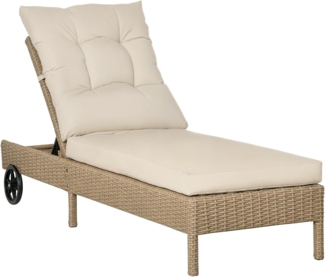 Outsunny Gartenliege Polyrattan Sonnenliege mit Rollen Kissen 4-stufig verstellbar, Rattanliege, 1 St, Gartenmöbel, Stahl Natur+Khaki 200 x 66 x 92 cm