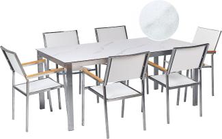 Gartentisch Set COSOLETO GROSSETO Sicherheitsglas Marmor Optik 180x90x75 cm Weißer Marmor