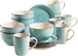 Mäser 931496 Lumaca Frühstück-Service für 6 Personen im Vintage Look, handbemalte Keramik, Geschirr-Set, Steingut, türkis, 18-teilig (1 Set)