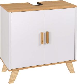 eSituro SBP0026 Waschbeckenunterschrank Badschrank mit Siphonausschnitt Waschtischschrank Badzimmerschrank Badregal Aufbewahrungsschrank verstellbare Ebene aus MDF Bambus Weiß Natur