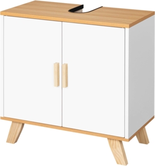 eSituro SBP0026 Waschbeckenunterschrank Badschrank mit Siphonausschnitt Waschtischschrank Badzimmerschrank Badregal Aufbewahrungsschrank verstellbare Ebene aus MDF Bambus Weiß Natur