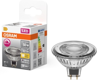 Osram LED-Spot Reflektor Superstar MR16 50 dimmbar, 2700 K warmweiß, 6,1 W, GU5.3, 36°, 621 lm, 25.000h, Niedervolt, für Spotbeleuchtung, Vitrinen