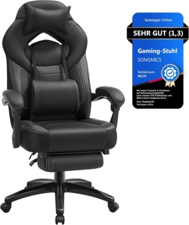 Songmics Gamingstuhl mit Fußstütze, Schreibtischstuhl, ergonomisches Design, verstellbare Kopfstütze, Lendenstütze, bis zu 150 kg belastbar, Schwarz