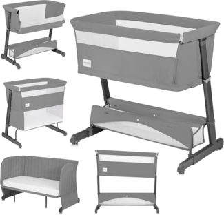 Lionelo THOMI Plus 5 w 1 Beistellbett, Kinderbett bis 9kg, Zustellbett, Reisebett, Laufstall bis 15kg, Sofa bis 100kg, höhenverstellbar, mit 2 Rollen und absenkbarer Seite Zustellbett